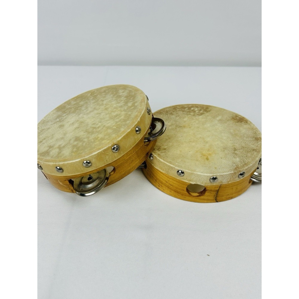 2 Wood Tambourine Natural Skin Head Single Row Jingles Hand Percussion Pakistan